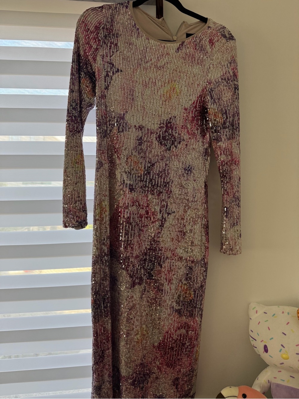 Sequin Midi Dress in Pink Multi - Long Sleeve Evening Dress
